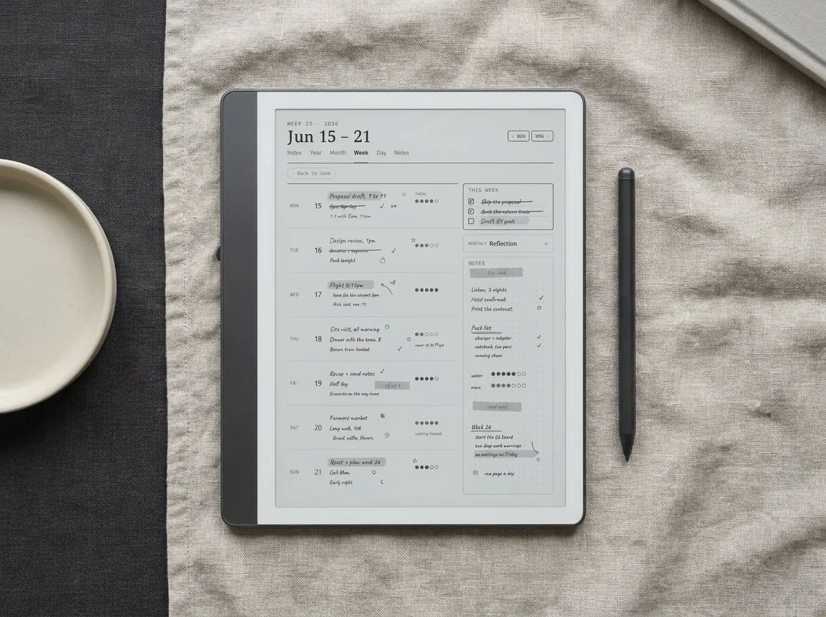 A Kindle Scribe doing the writing half of its job, a planner page on screen