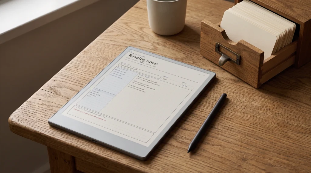 zettelkasten method: an e-ink tablet showing one short note beside an open wooden index card drawer