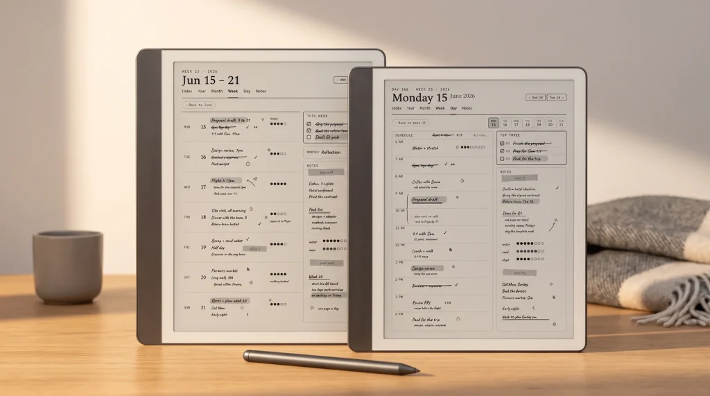 The Planner for Kindle Scribe on two Kindle Scribes: a week spread and a day page