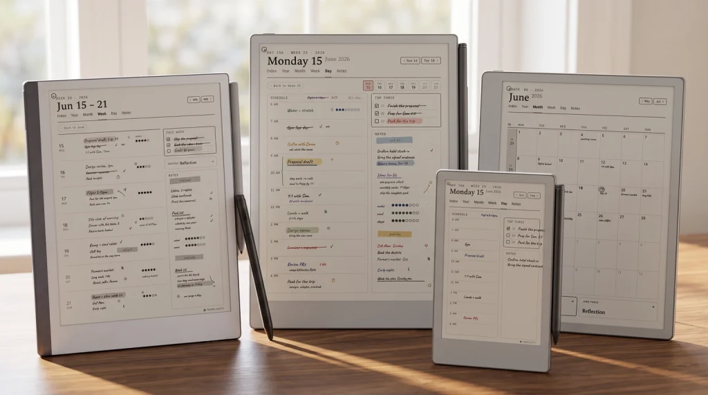The Planner shown on four reMarkable devices: day, week, month and a Move-sized day page