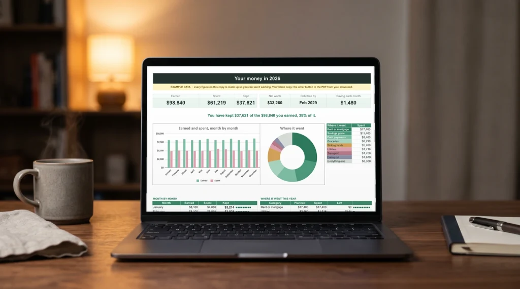 The year dashboard of our Budget & Money Planner spreadsheet on a laptop: earned and spent by month, and where it went, rent, utilities and debt payments included