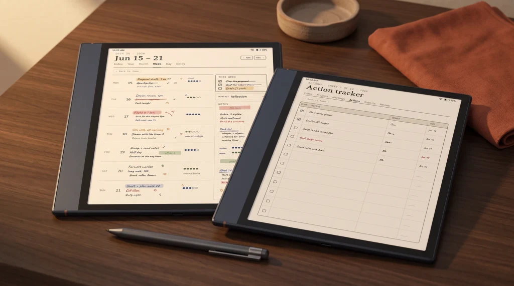 Two Boox Note Air 4C tablets showing a colour-coded week spread and a project page