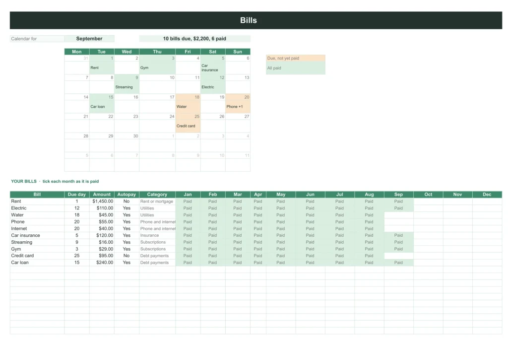 Budget & Money Planner, The bill calendar