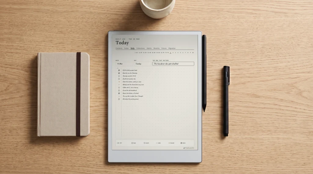 Bullet journal method on an e-ink tablet: a daily log page with tasks, events and notes, beside a paper notebook