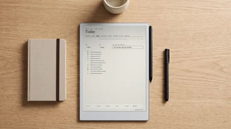 Bullet journal method on an e-ink tablet: a daily log page with tasks, events and notes, beside a paper notebook