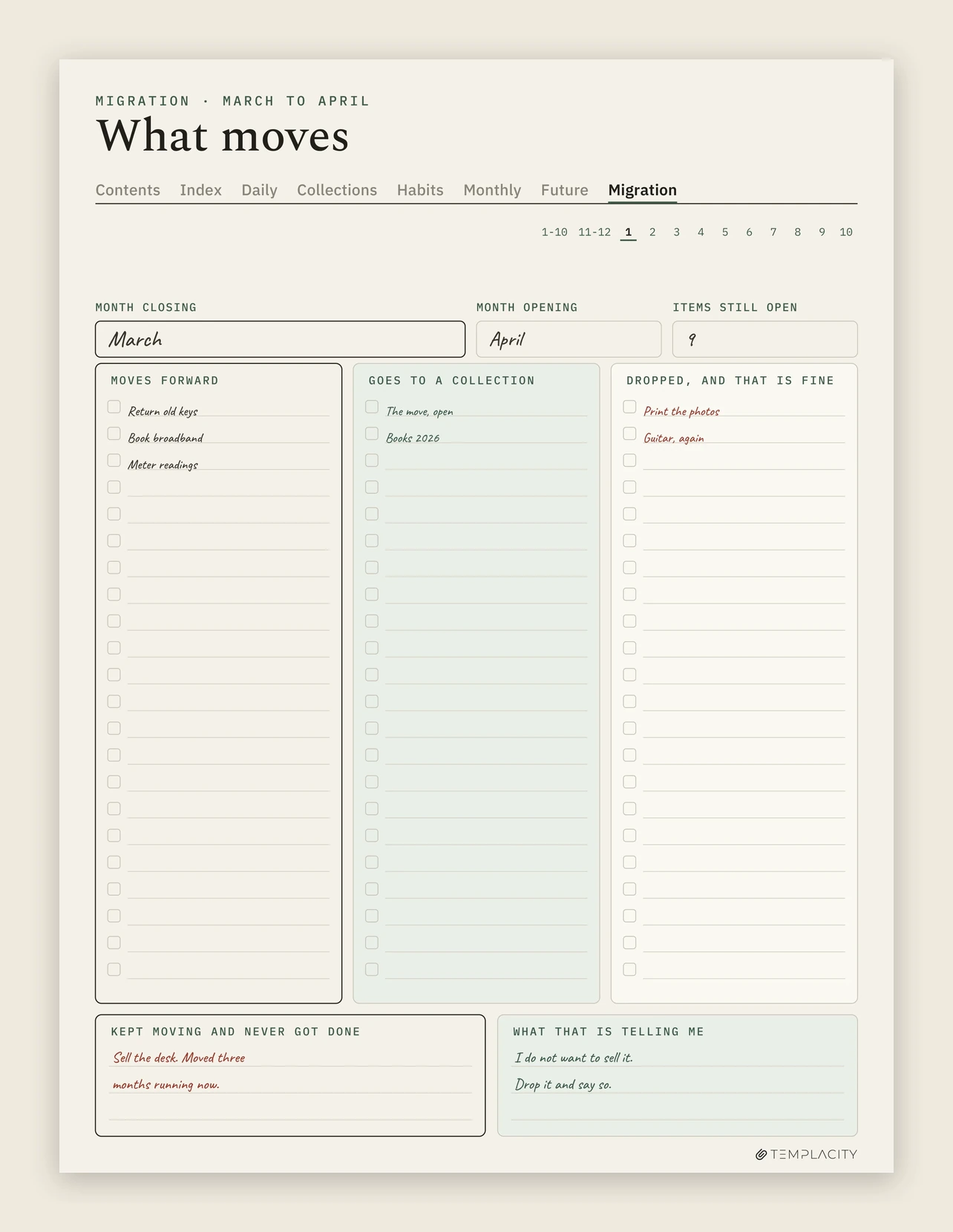 A month-end migration page with three columns: moves forward, goes to a collection, and dropped, and that is fine