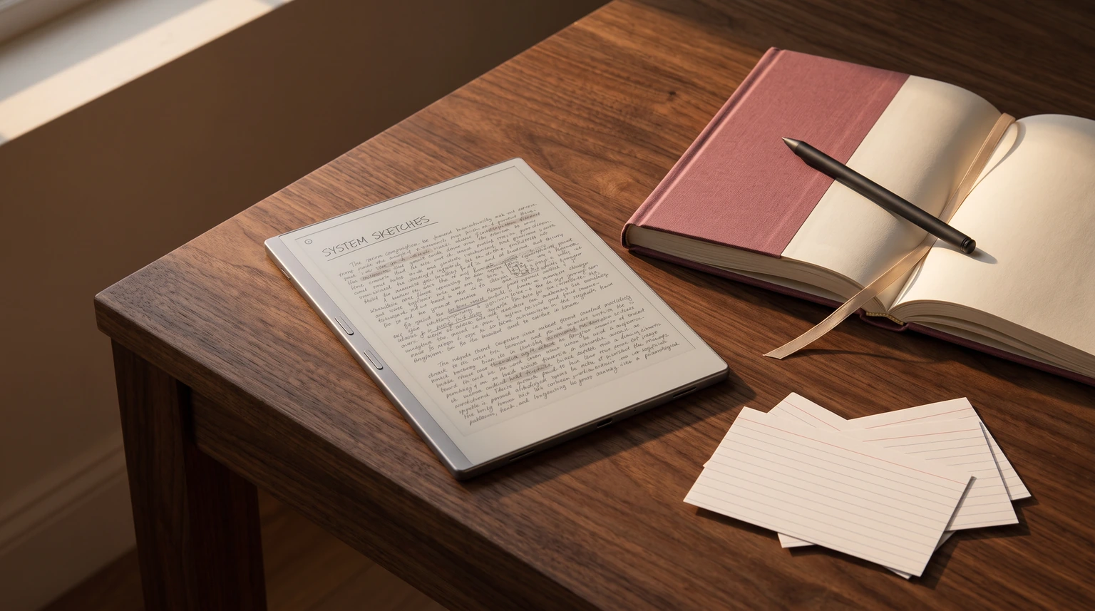 commonplace book kept on an e-ink tablet beside an open hardback and a fan of blank index cards