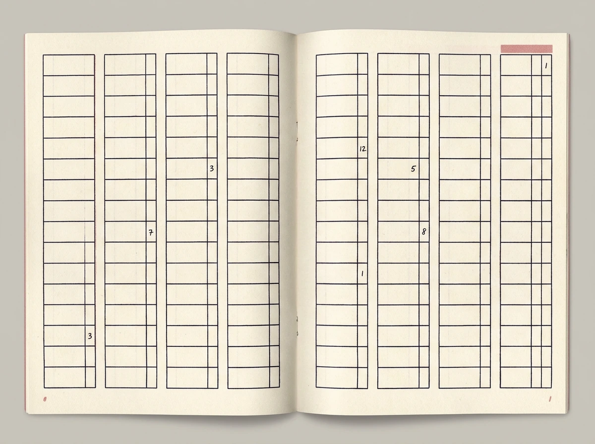 a two page index grid in the style of Locke's commonplace book method, most cells empty, a few carrying page numbers