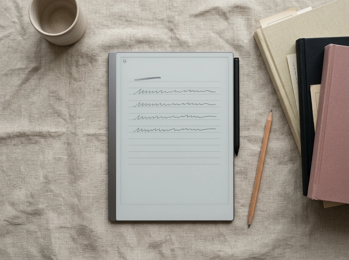 starting a commonplace book: an e-ink tablet beside three books flagged with paper slips