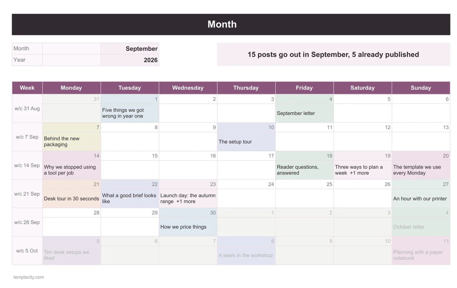 The month tab of the Content Calendar Spreadsheet, a calendar of posts coloured by platform