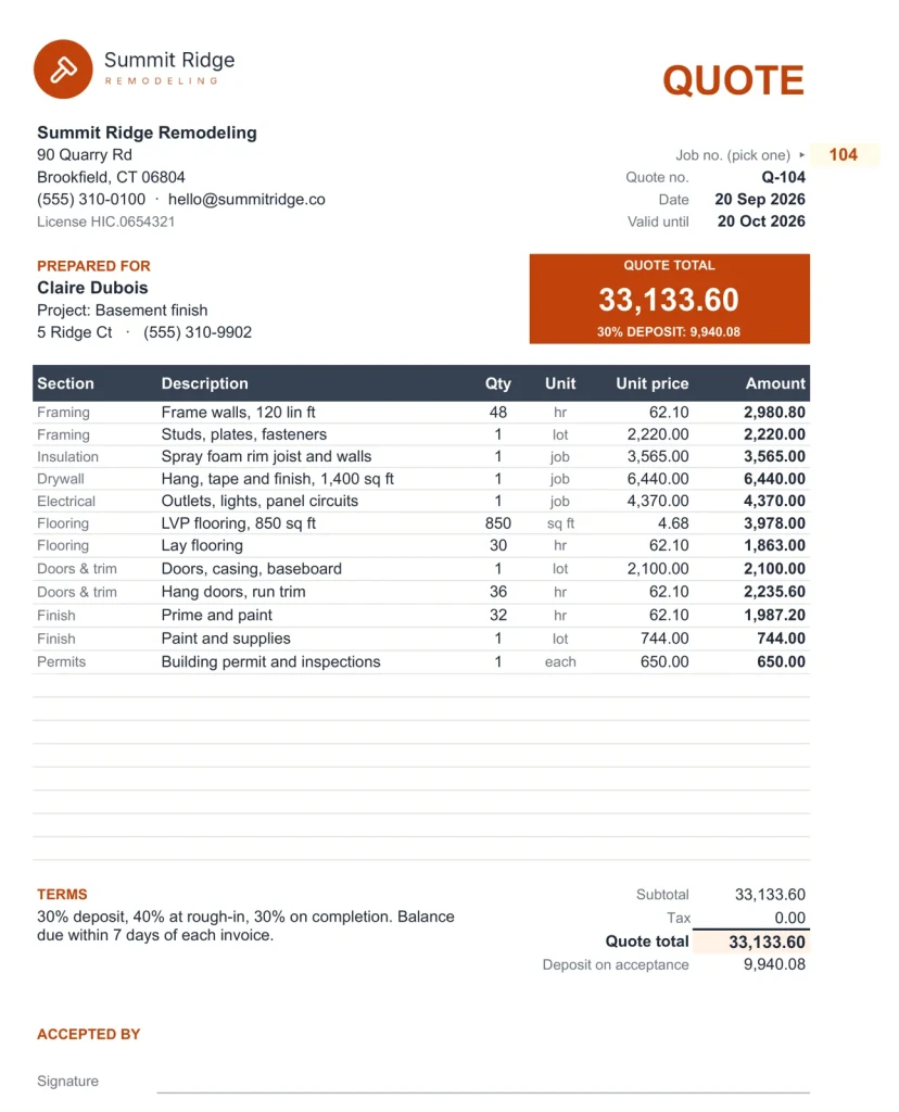Contractor Estimate & Job Costing, the Client Quote tab