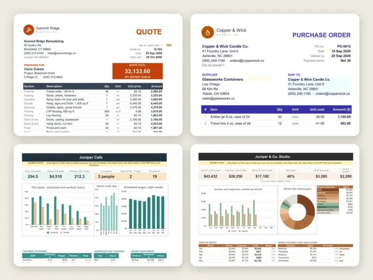 Contractor & Trades Spreadsheet Kit: estimate, quote and purchase order, staff schedule, bookkeeping