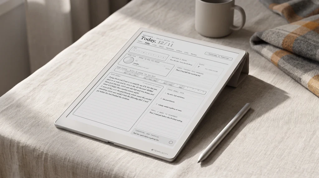 A handwritten day page from a digital journal template on an e-ink tablet