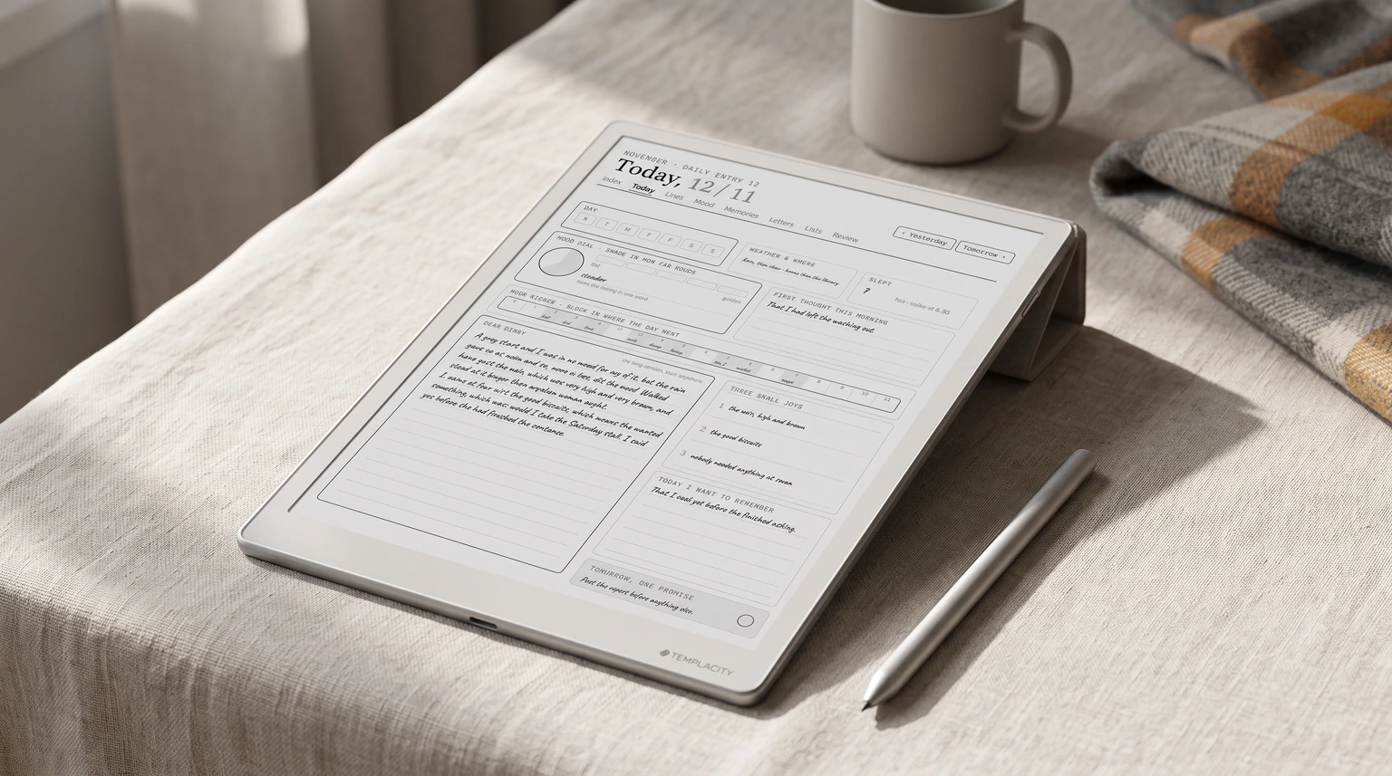 A handwritten day page from a digital journal template on an e-ink tablet