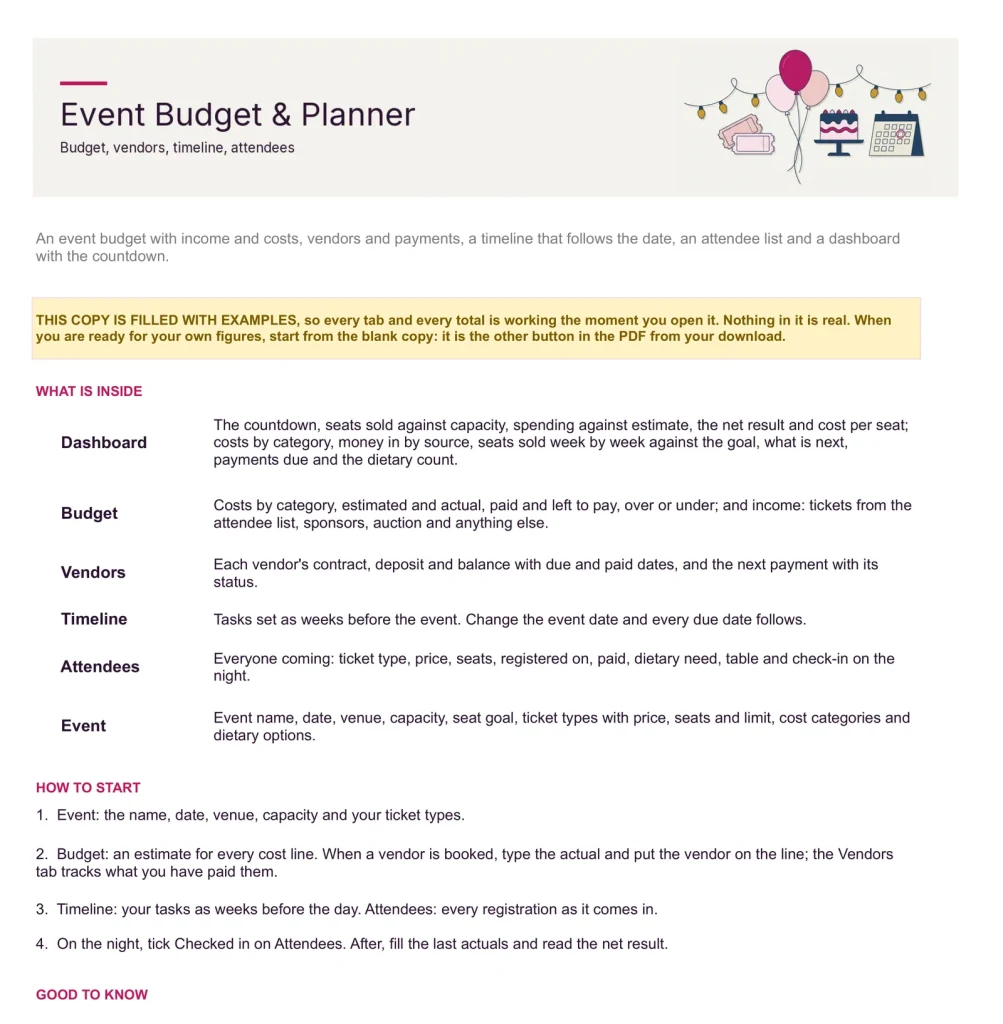 Event Budget & Planner, Start here