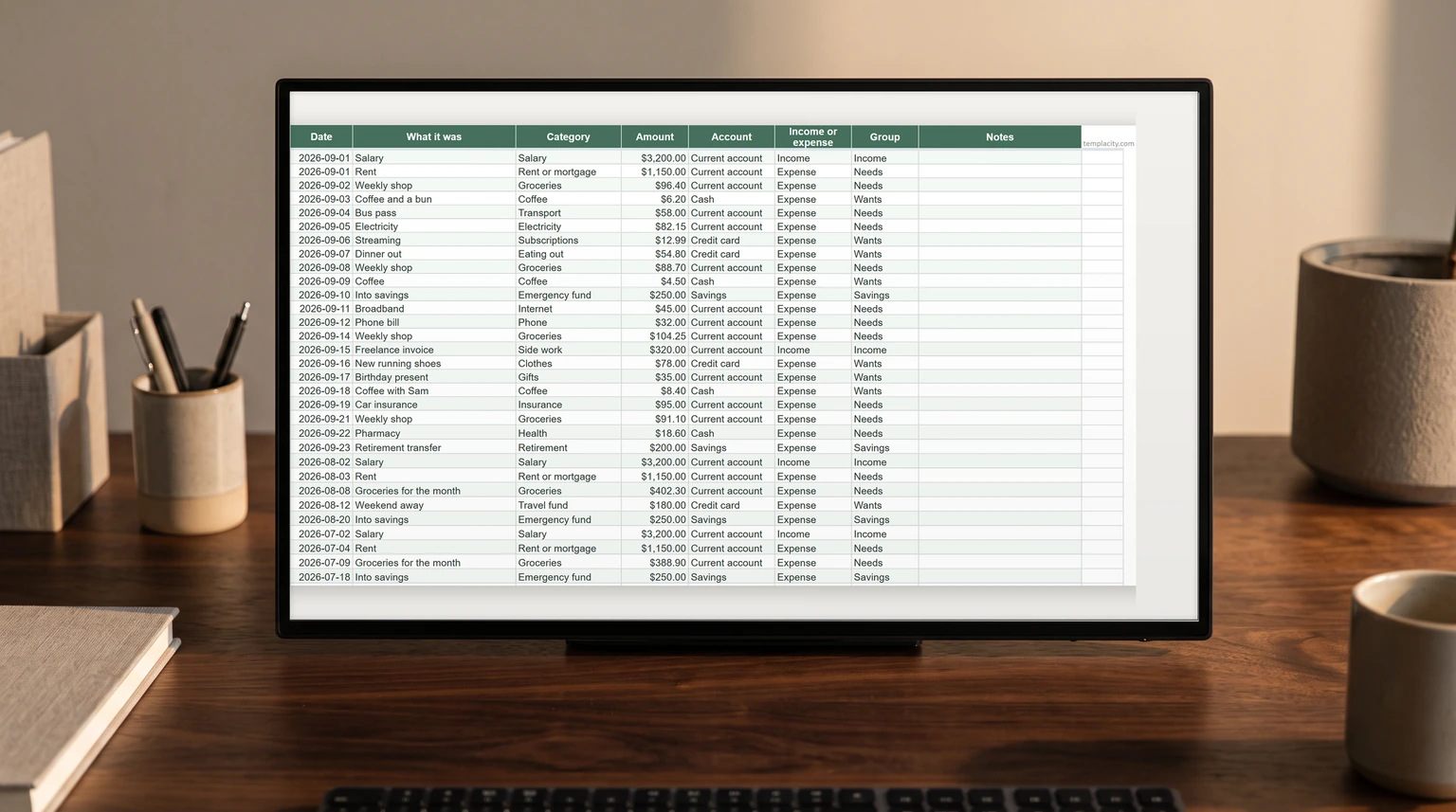 A worked Excel budget spreadsheet example on a monitor, the transaction log filled with dated rows, categories and amounts