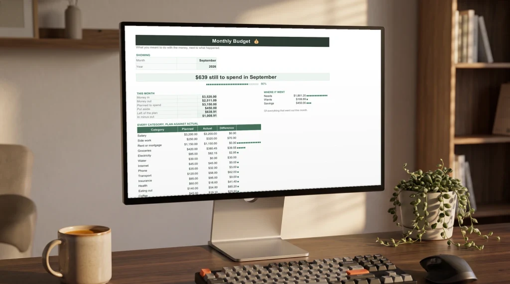 Our free Excel budget template open on a desktop monitor, showing money in, money out and every category planned against actual