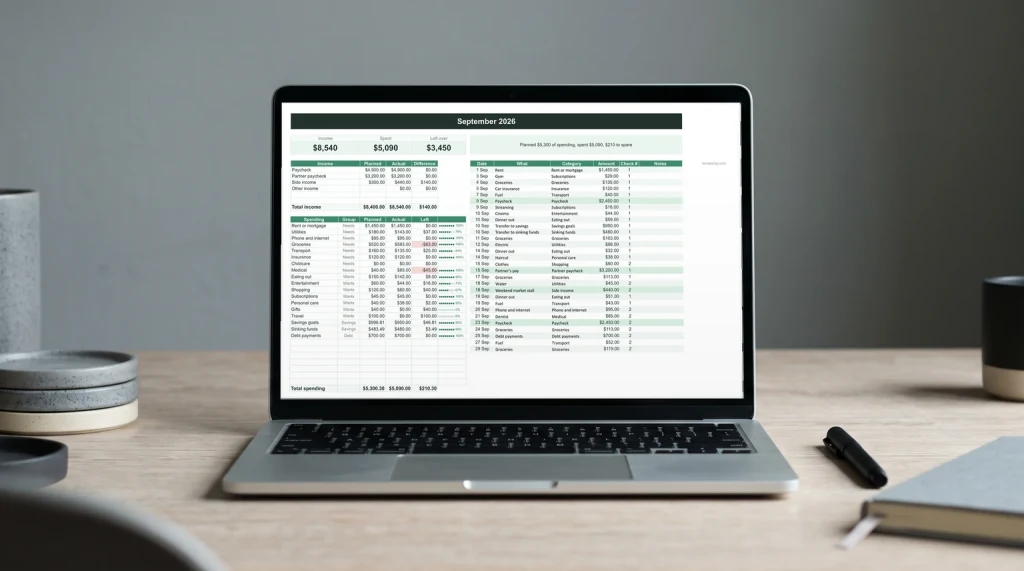 The September page of our Budget & Money Planner spreadsheet on a laptop: planned against actual by category and what is left to spend