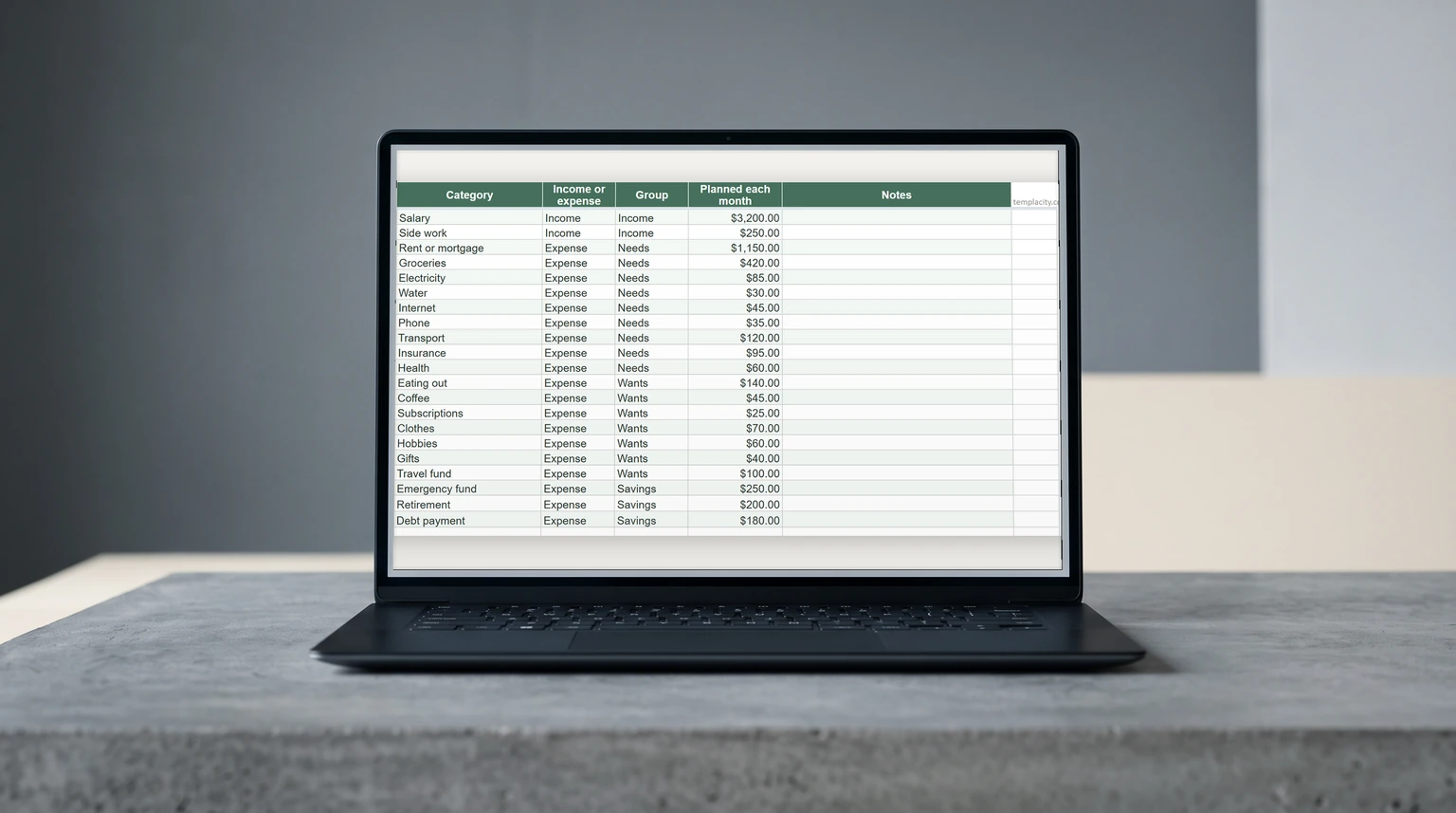 Our free Excel personal budget template open on a laptop, the plan tab showing one person's category list with a planned amount against each