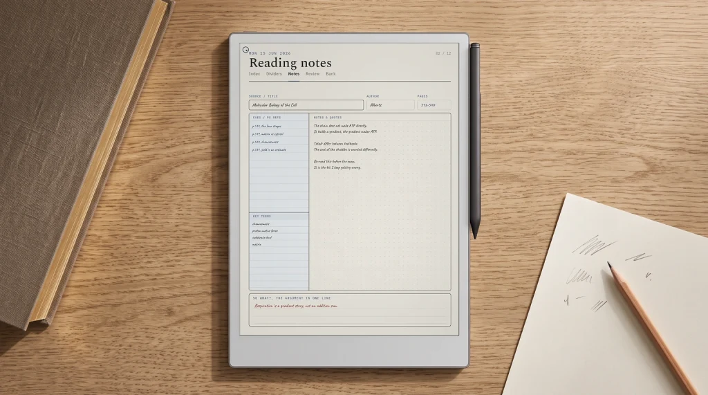 Feynman technique on an e-ink tablet: a notes page ending in a one-line summary, beside a closed textbook and a sheet of paper