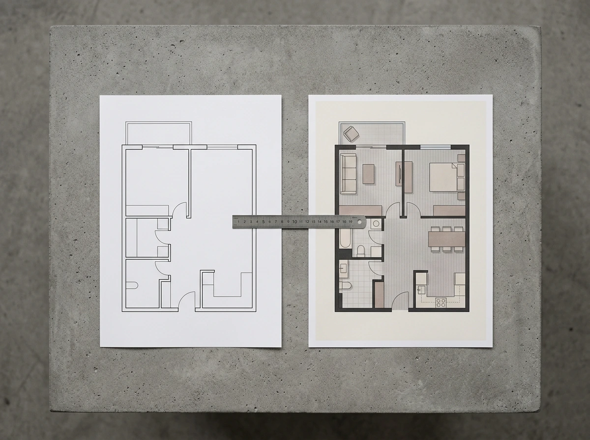 a black and white line plan beside the same layout printed as a shaded colour plan