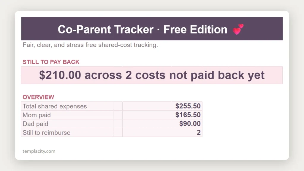 Co-Parent Tracker, Free Edition, a free Google Sheets template