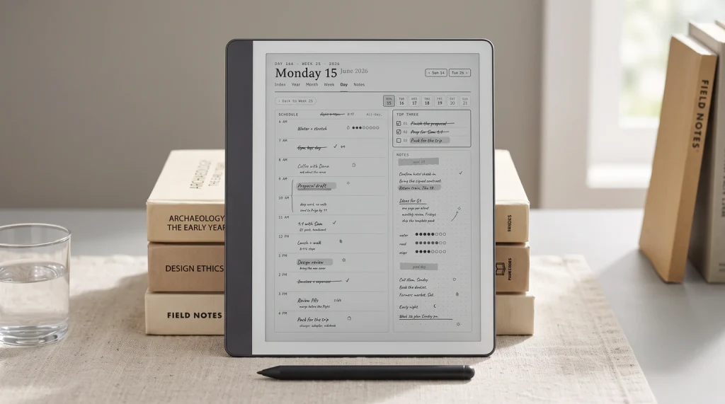 A Kindle Scribe showing a filled day page from The Planner for Kindle Scribe