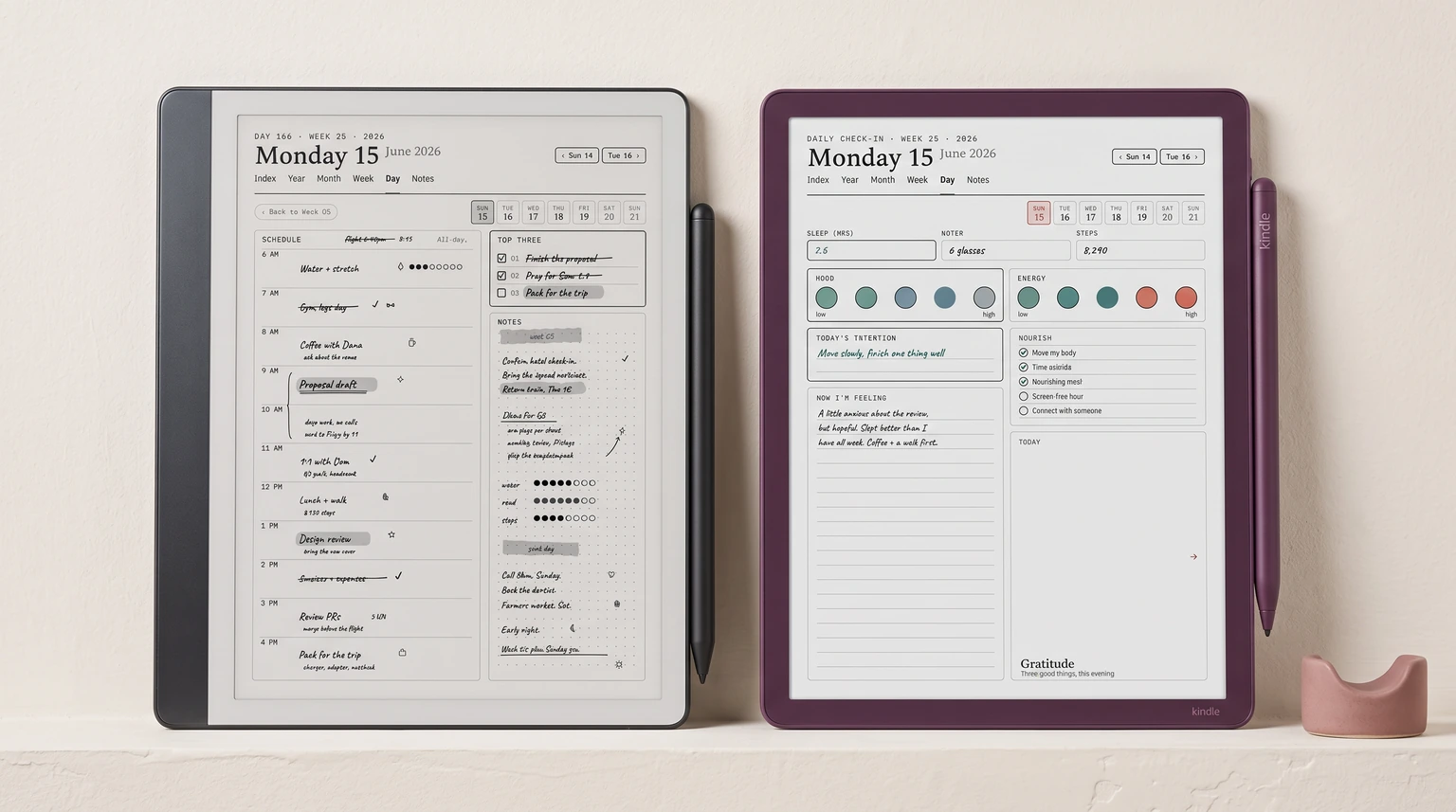 The Planner for Kindle Scribe on a mono Scribe and a Colorsoft, a day page and a wellness check-in