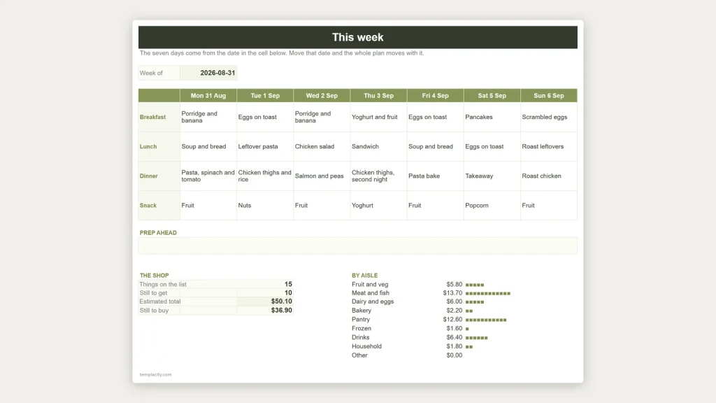 Meal Planner and Grocery List, a free Google Sheets template