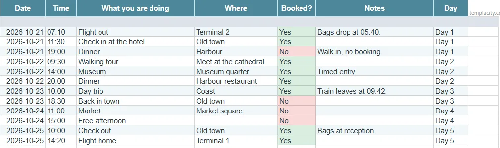 The Itinerary tab of our free Google Sheets travel itinerary: one row per plan, with booked items in green and unbooked in red