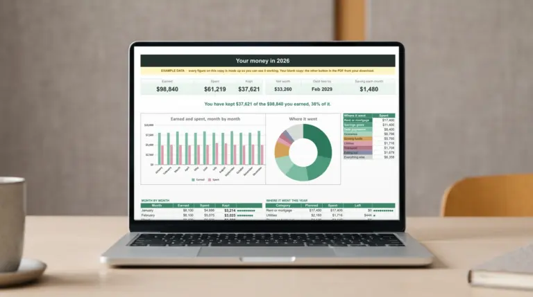 The year dashboard of our Budget & Money Planner for Google Sheets on a laptop: earned and spent by month and where the money went