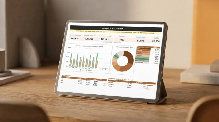 The dashboard of our Small Business Bookkeeping spreadsheet on a tablet: income and expenses by month, where the money goes and the biggest expenses