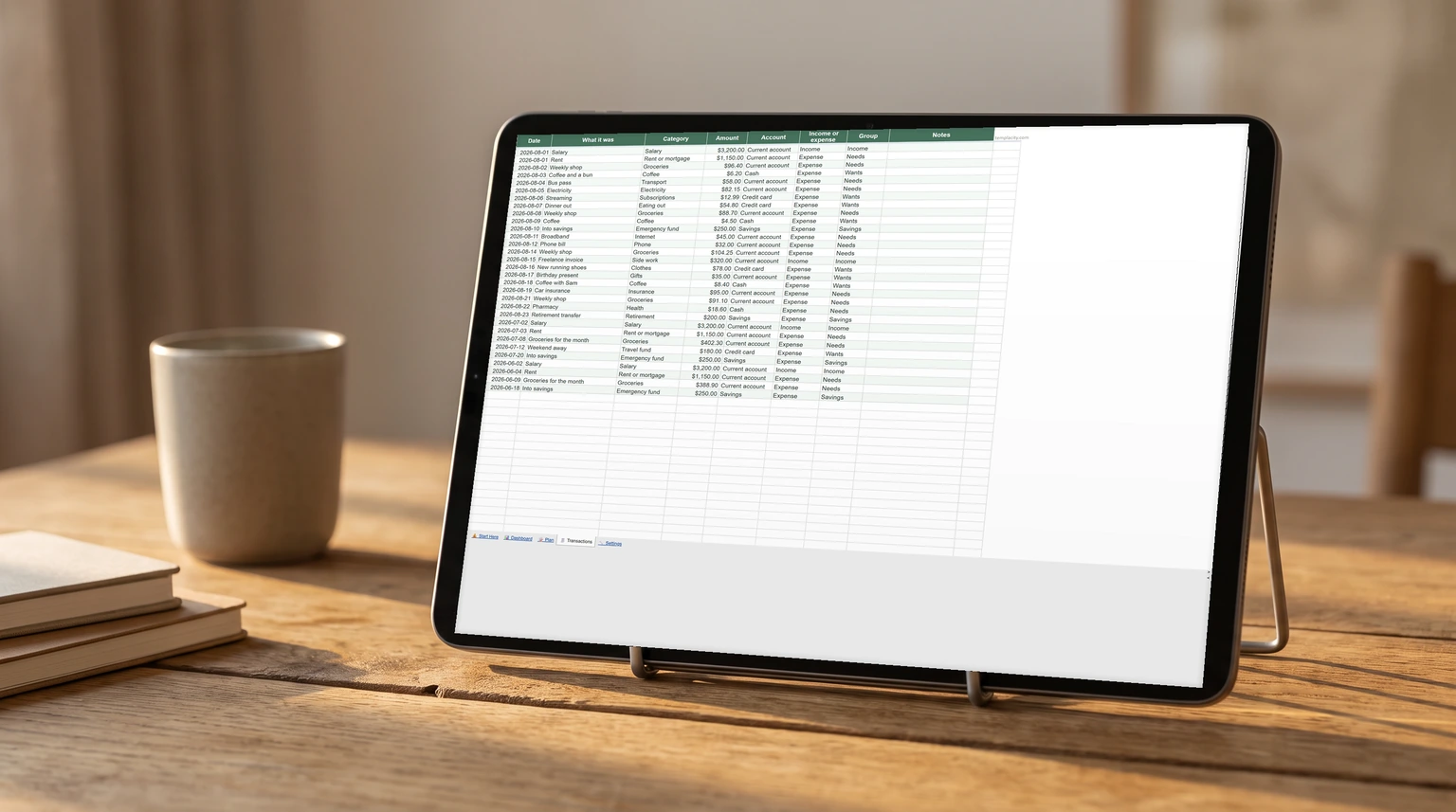 Our free expense tracker for Google Sheets open on a tablet, every transaction dated, categorised and totalled