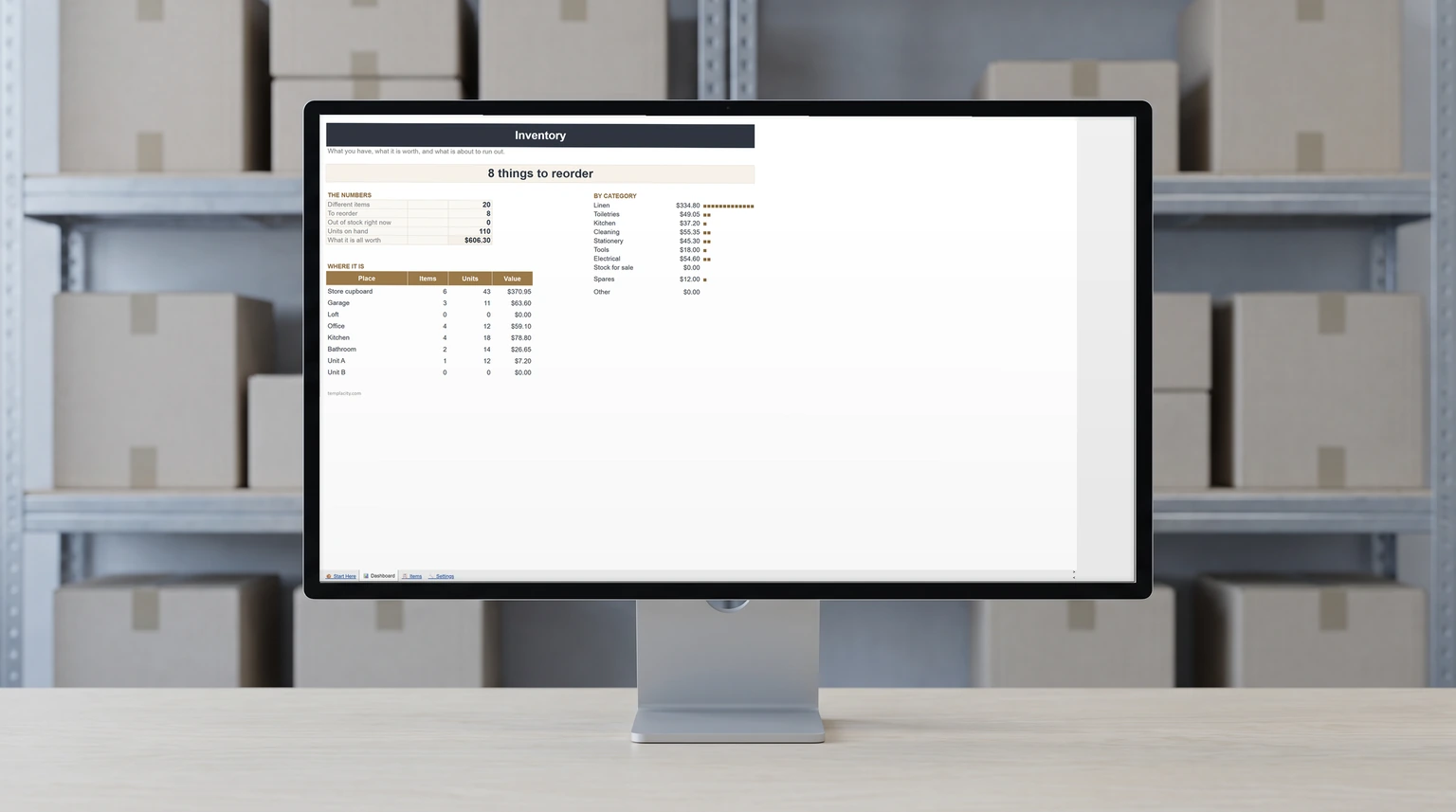 Our free inventory tracker for Google Sheets on a desktop monitor, the dashboard counting what is on hand, what it is worth and what needs reordering