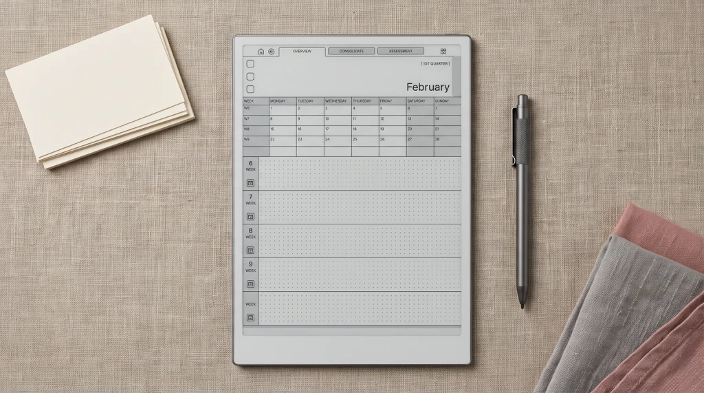 iFLYTEK AINOTE 2 lying on linen showing a dated month overview page