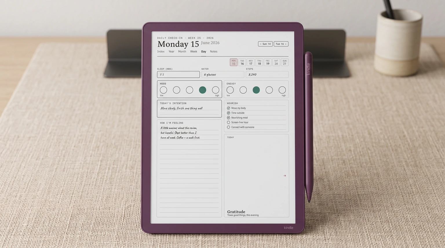 A Kindle Scribe Colorsoft showing a daily check-in page where colour marks the fields