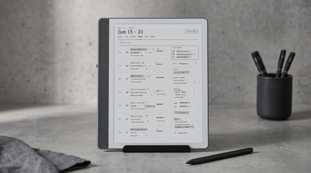 A Kindle Scribe showing a filled week spread from The Planner for Kindle Scribe