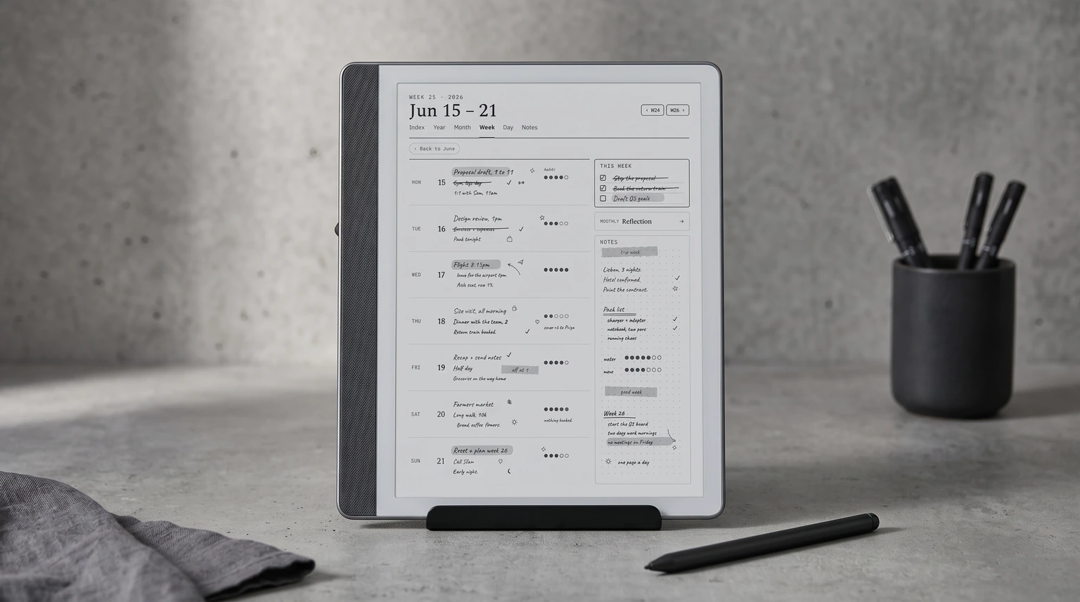 A Kindle Scribe showing a filled week spread from The Planner for Kindle Scribe