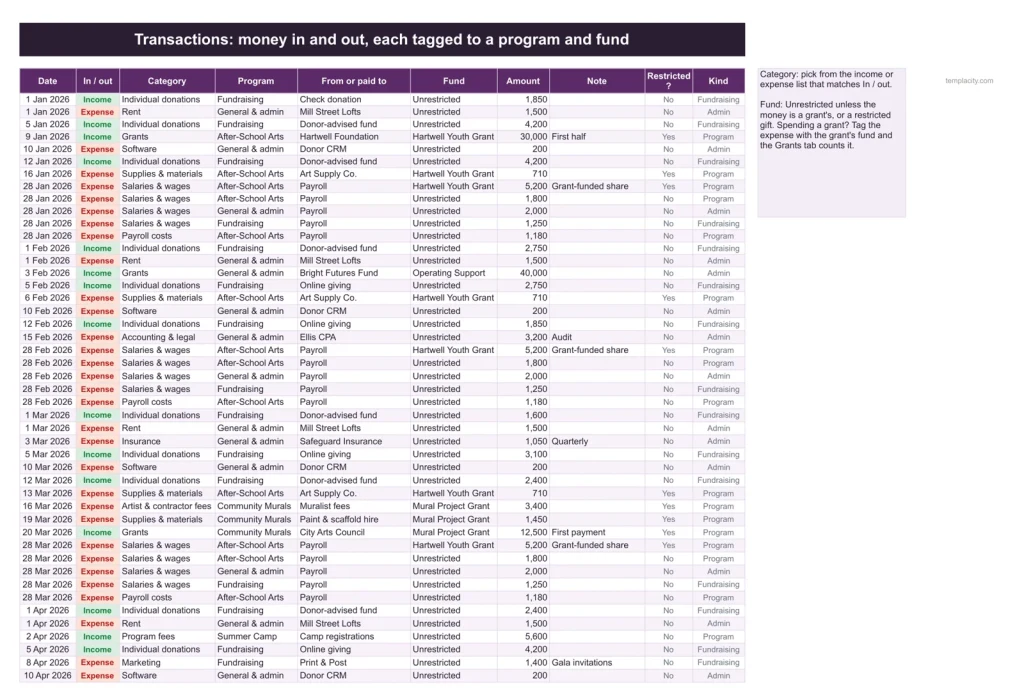 Nonprofit Budget & Grant Tracker, Transactions