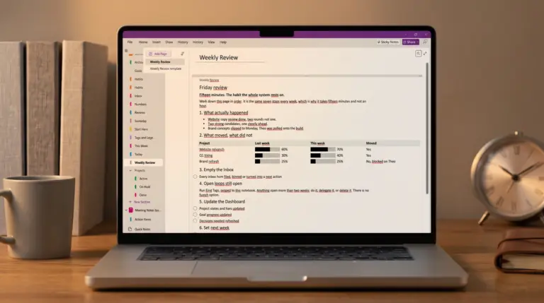 A OneNote planning notebook open on a laptop, with the week's sections listed down the left