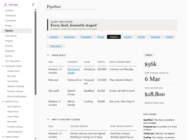 Windows 版 OneNote 里的客户管理系统，销售漏斗页，已填入示例数据