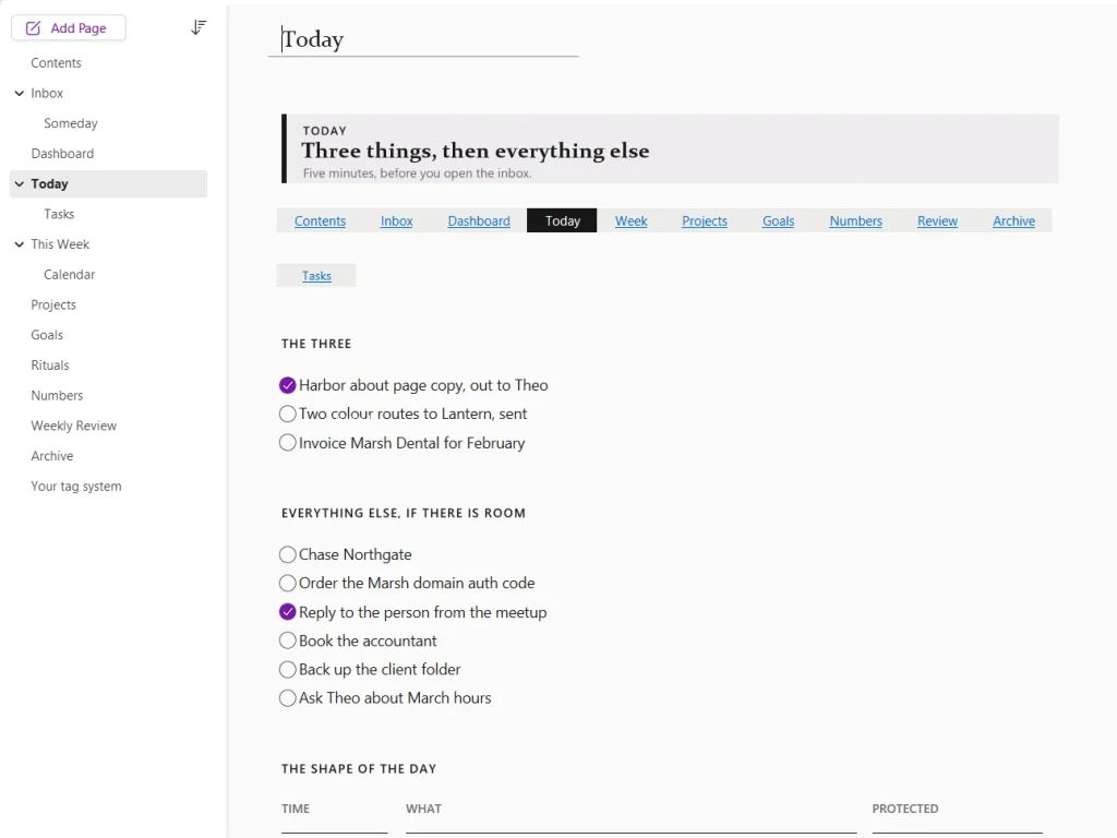 Dashboard-System in OneNote für Windows, Seite Heute, mit Beispieldaten gefüllt