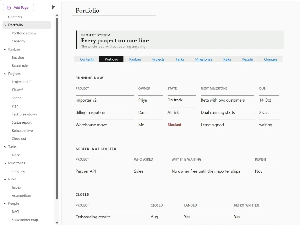 Sistema de proyectos en OneNote para Windows, página Portfolio, con datos de ejemplo