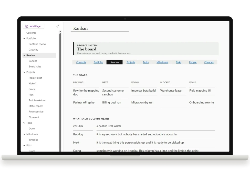 Project System in OneNote for Windows on a laptop, Kanban page, filled with sample data