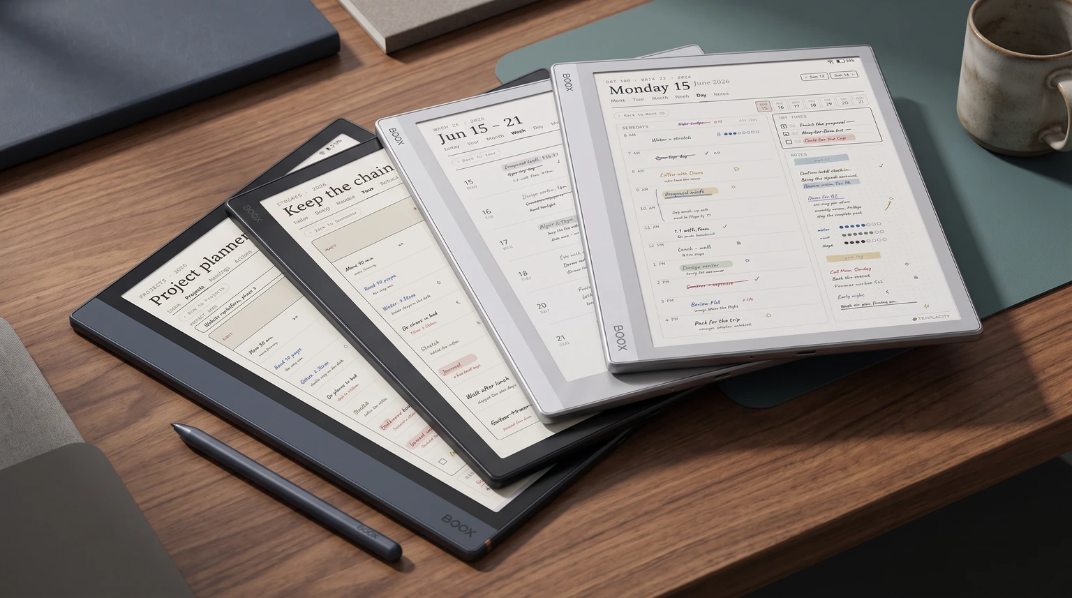 The Planner for Boox fanned across four Boox devices: day, week, project and habit pages