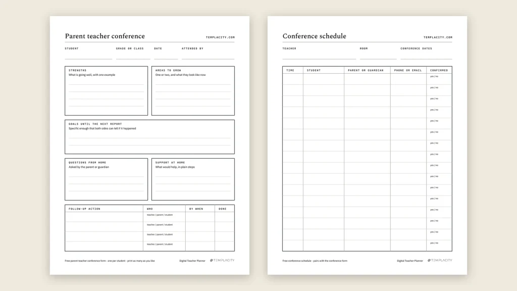 The free parent teacher conference form and its conference schedule page, side by side