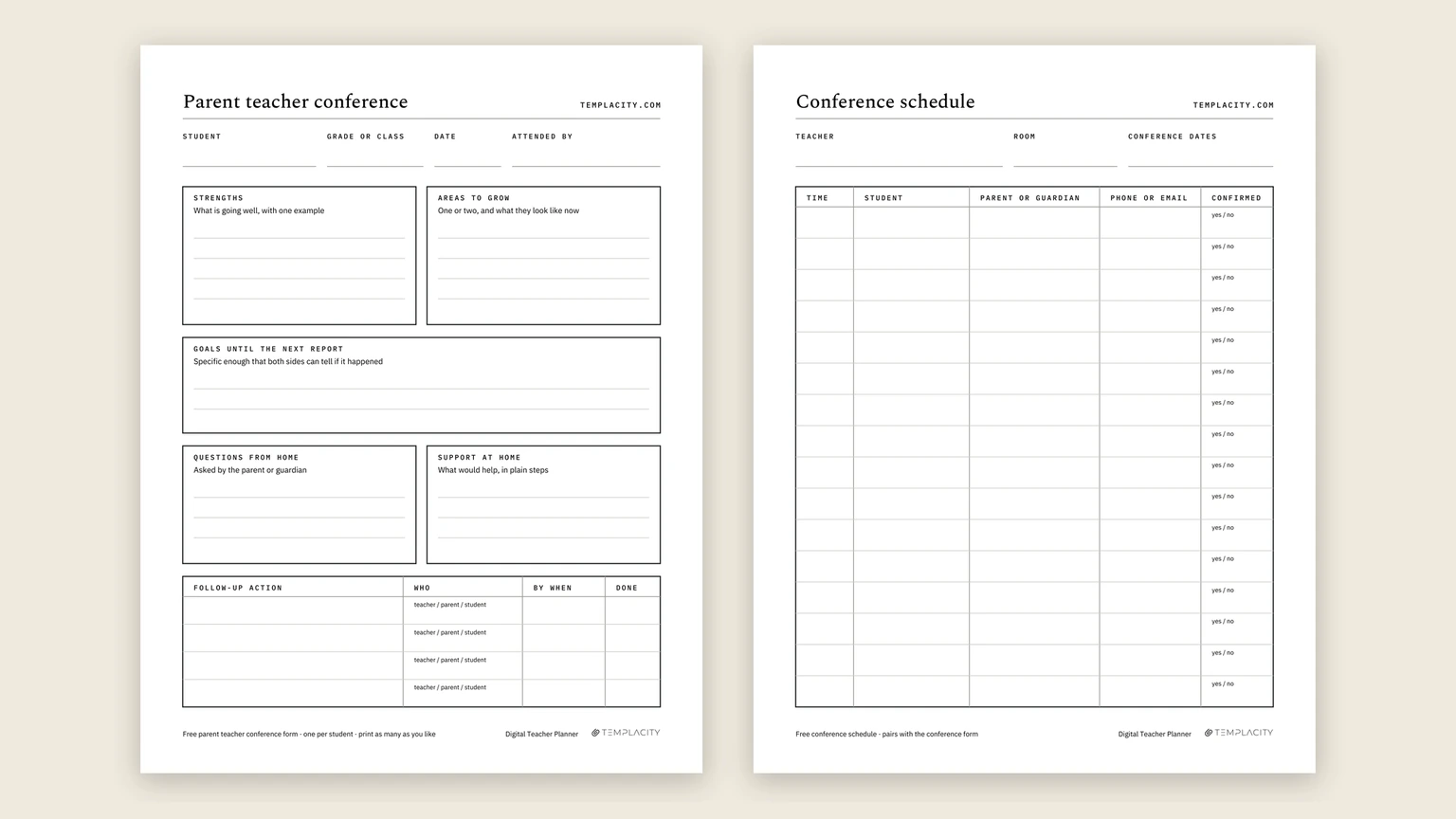 The free parent teacher conference form and its conference schedule page, side by side