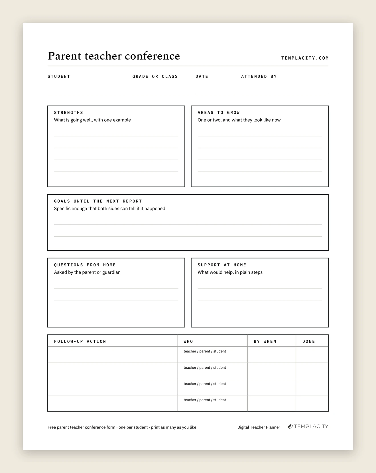 Page one of the free parent teacher conference form: strengths, areas to grow, goals, questions from home, support at home and a follow-up table