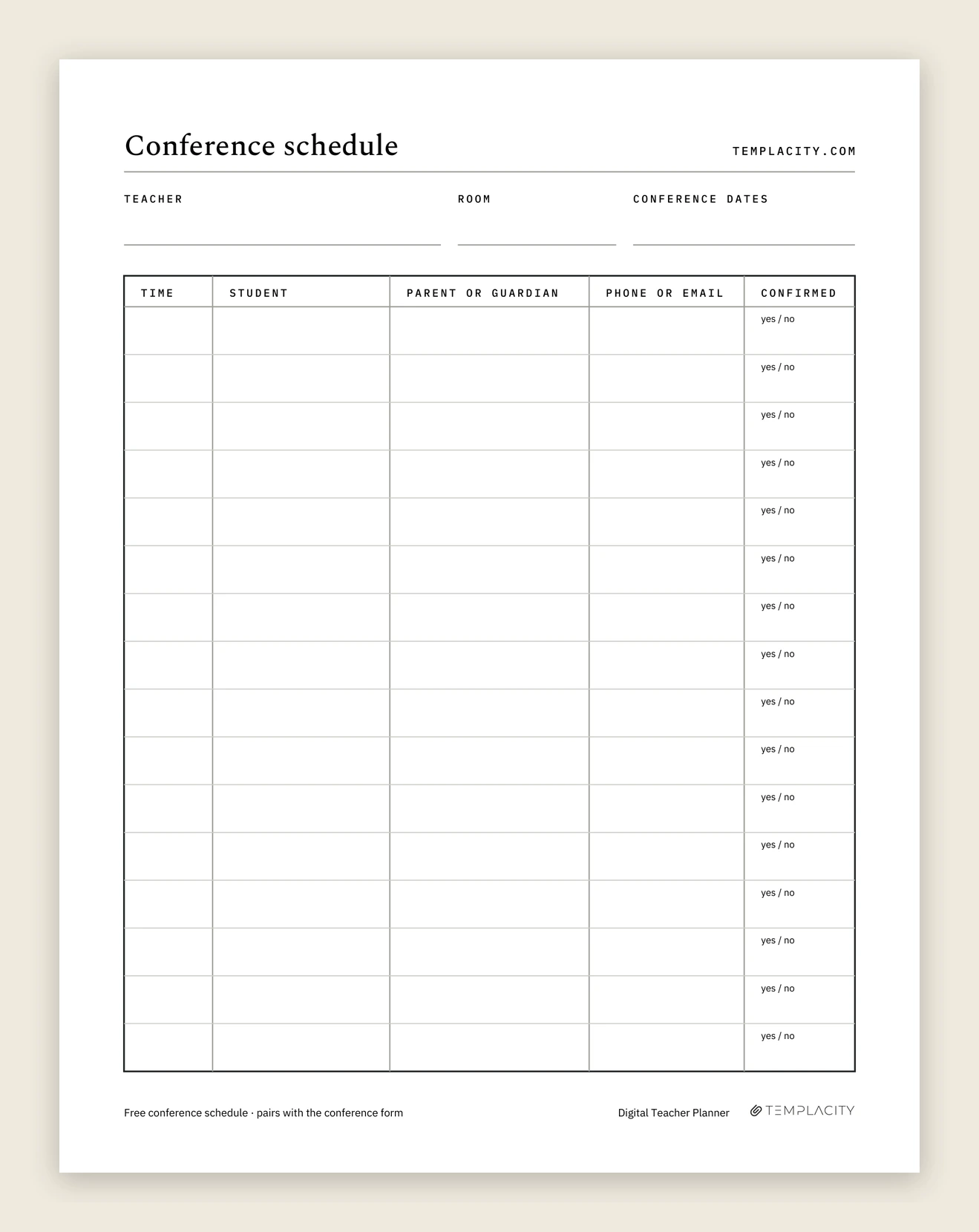 The conference schedule page: time, student, parent or guardian, phone or email, and a confirmed column