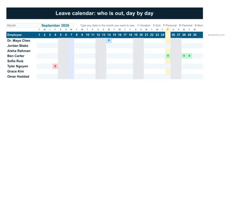 PTO Tracker, Payroll & Employee Records Spreadsheet (Google Sheets + Excel), the 03 leave calendar tab